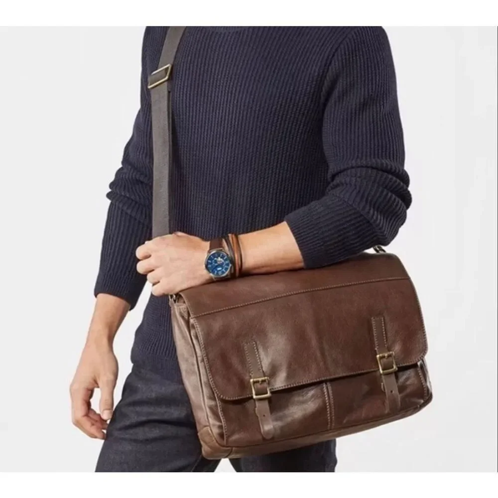 Fossil Defender Slim Messenger Bag Brown Cognac Leather Commuter Crossbody